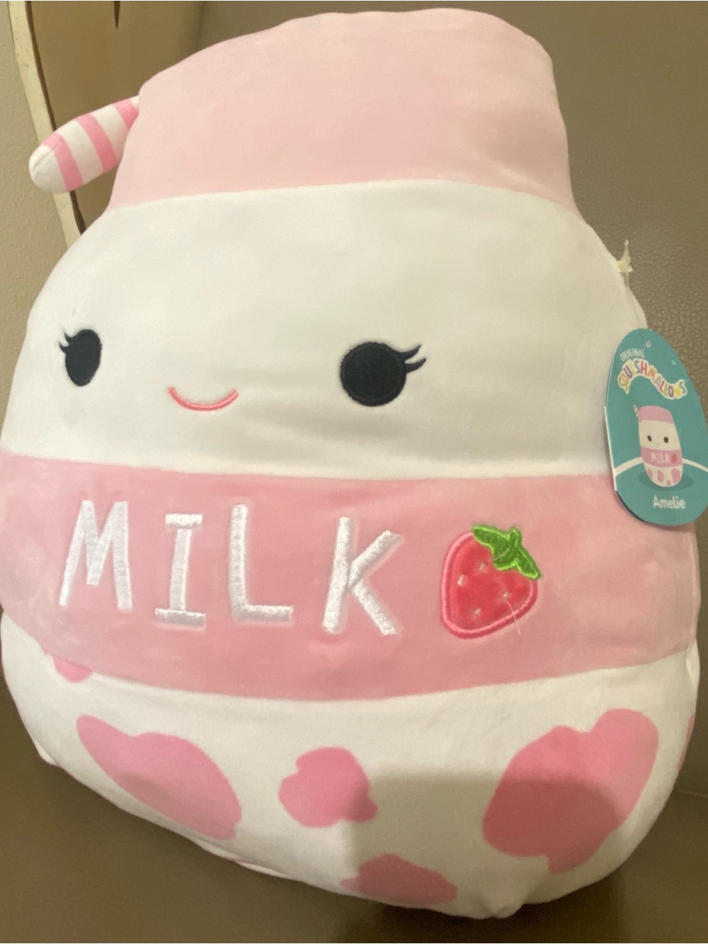 Squishmallows Pink & White Amelie Strawberry Milk Plush